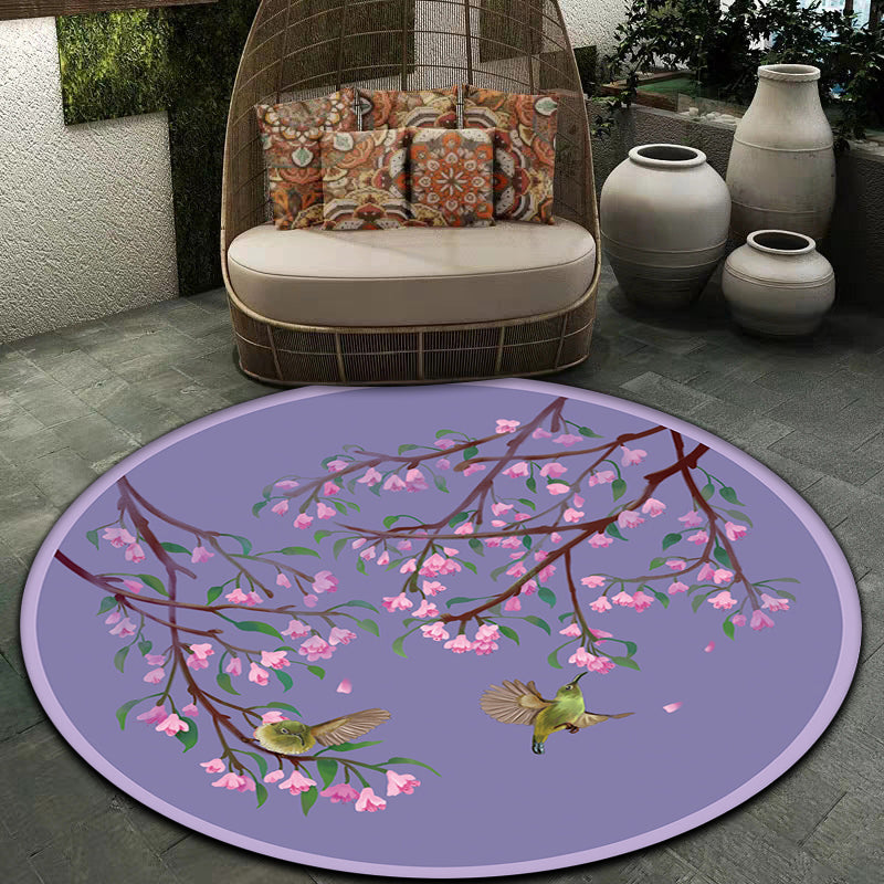 Nevosa | Tapis oriental violet en polyester avec motif floral et oiseau, lavage possible avec dos antidérapant, tapis pour chambre à coucher