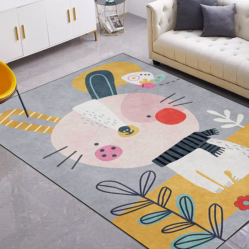 Nevosa | Tapis décontracté pour enfants en gris avec motif animal lapin floral et feuilles en polyester, tapis lavable et adapté aux animaux de compagnie pour la chambre des enfants