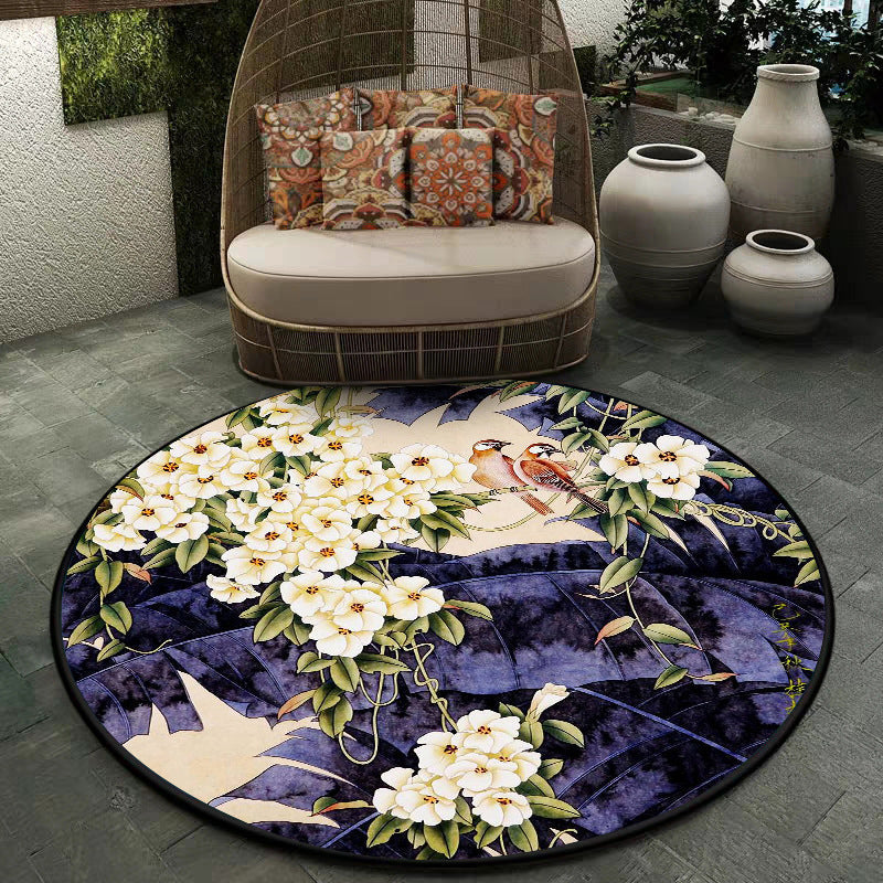 Nevosa | Tapis en polyester à motif floral traditionnel avec oiseaux et feuilles violet et blanc, lavable en machine, tapis antidérapant pour le salon