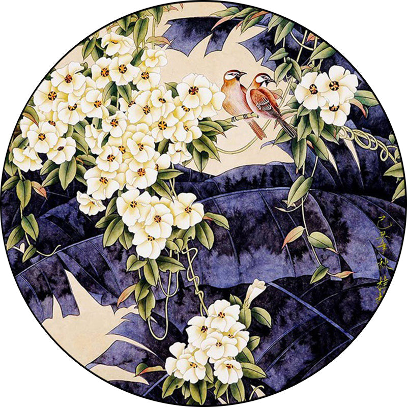 Nevosa | Tapis en polyester à motif floral traditionnel avec oiseaux et feuilles violet et blanc, lavable en machine, tapis antidérapant pour le salon