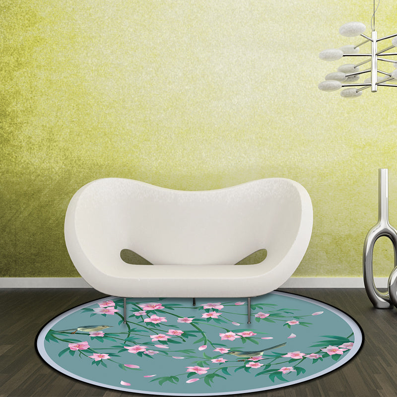 Nevosa | Tapis à motif floral rétro avec oiseau et feuille Tapis oriental bleu en polyester Lavable Tapis à dos antidérapant pour salon
