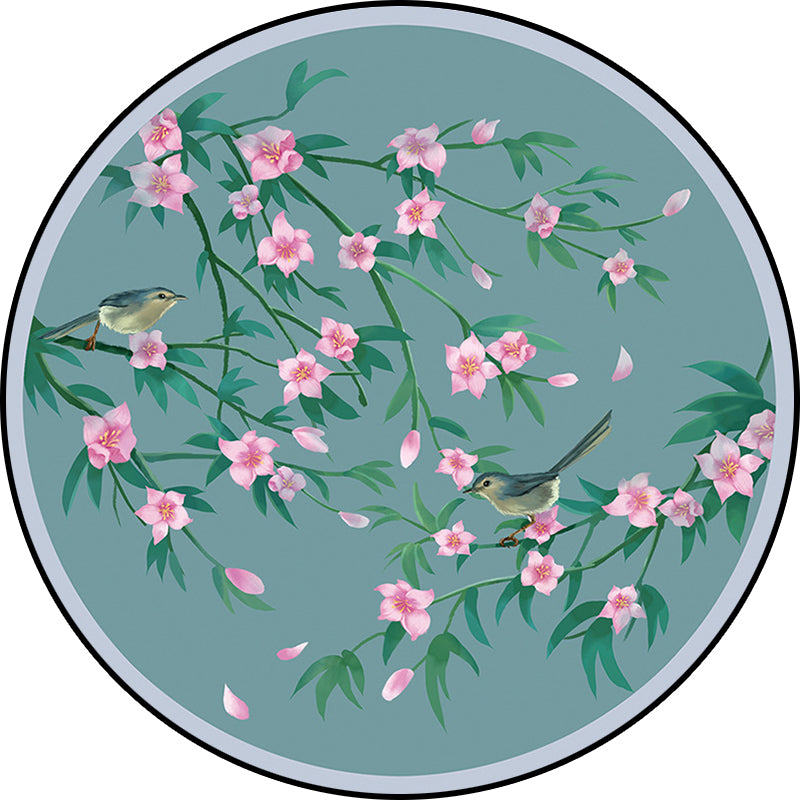 Nevosa | Tapis à motif floral rétro avec oiseau et feuille Tapis oriental bleu en polyester Lavable Tapis à dos antidérapant pour salon