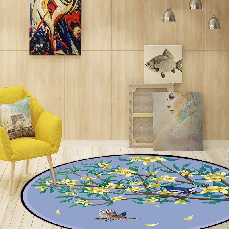 Nevosa | Tapis à motif floral unique avec oiseau et feuille violet et jaune, tapis oriental en polyester, lavable, dos antidérapant, tapis de zone pour chambre