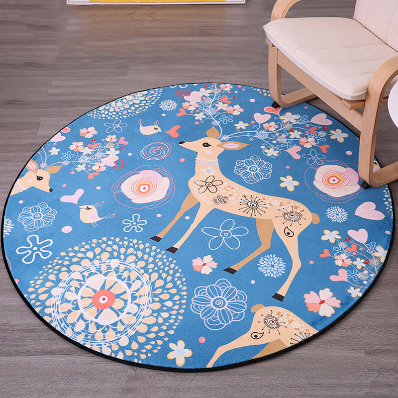 Nevosa | Tapis de chambre d'enfant en bleu avec motif floral d'animal faon en polyester, tapis résistant aux taches