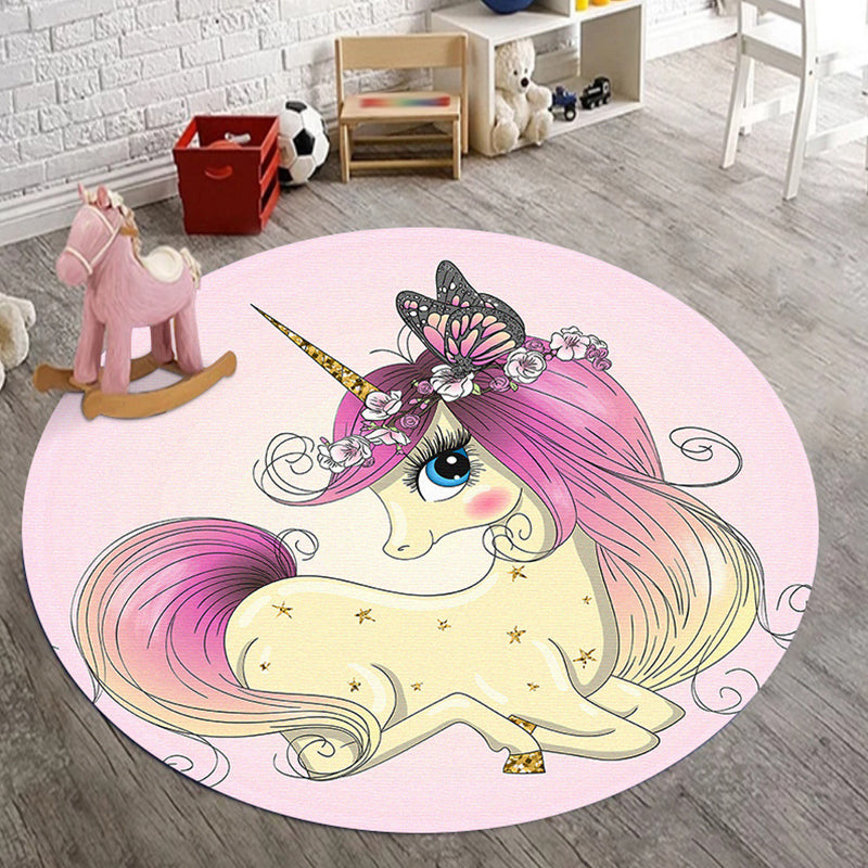 Nevosa | Tapis de chambre d'enfants en polyester rose avec imprimé animal licorne papillon floral, tapis antidérapant