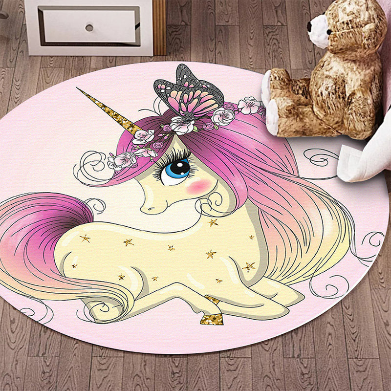 Nevosa | Tapis de chambre d'enfants en polyester rose avec imprimé animal licorne papillon floral, tapis antidérapant