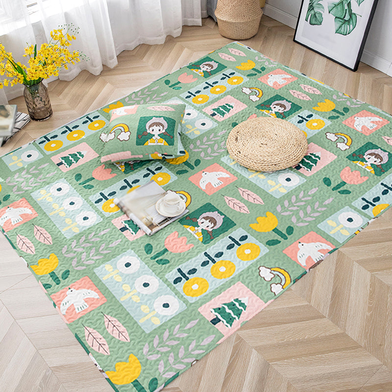 Nevosa | Tapis en coton pour enfants avec motif floral beige et vert Tapis lavable pour animaux de compagnie antidérapant pour la chambre d'enfant