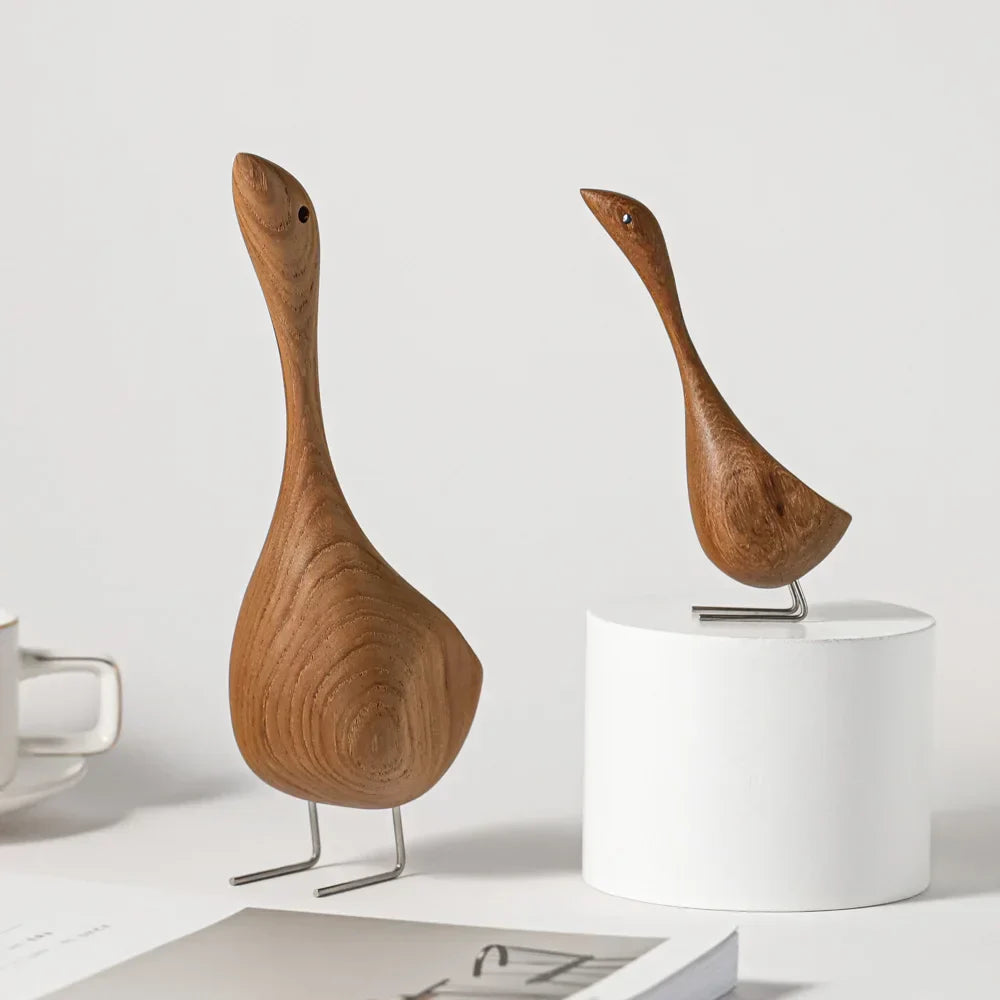 Nevosa | Figures de Canard en Bois Nordique Abstrait Sculpture en Teck Couple d'Amoureux Figures Ornements Animaux Naturels pour Décoration de Maison