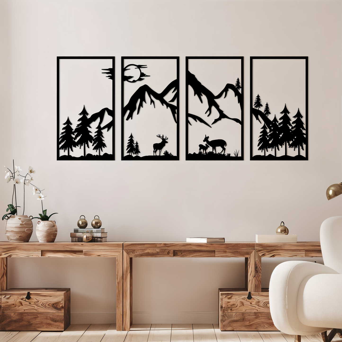 Art mural en métal noir 4 pièces - Paysage de montagne abstrait