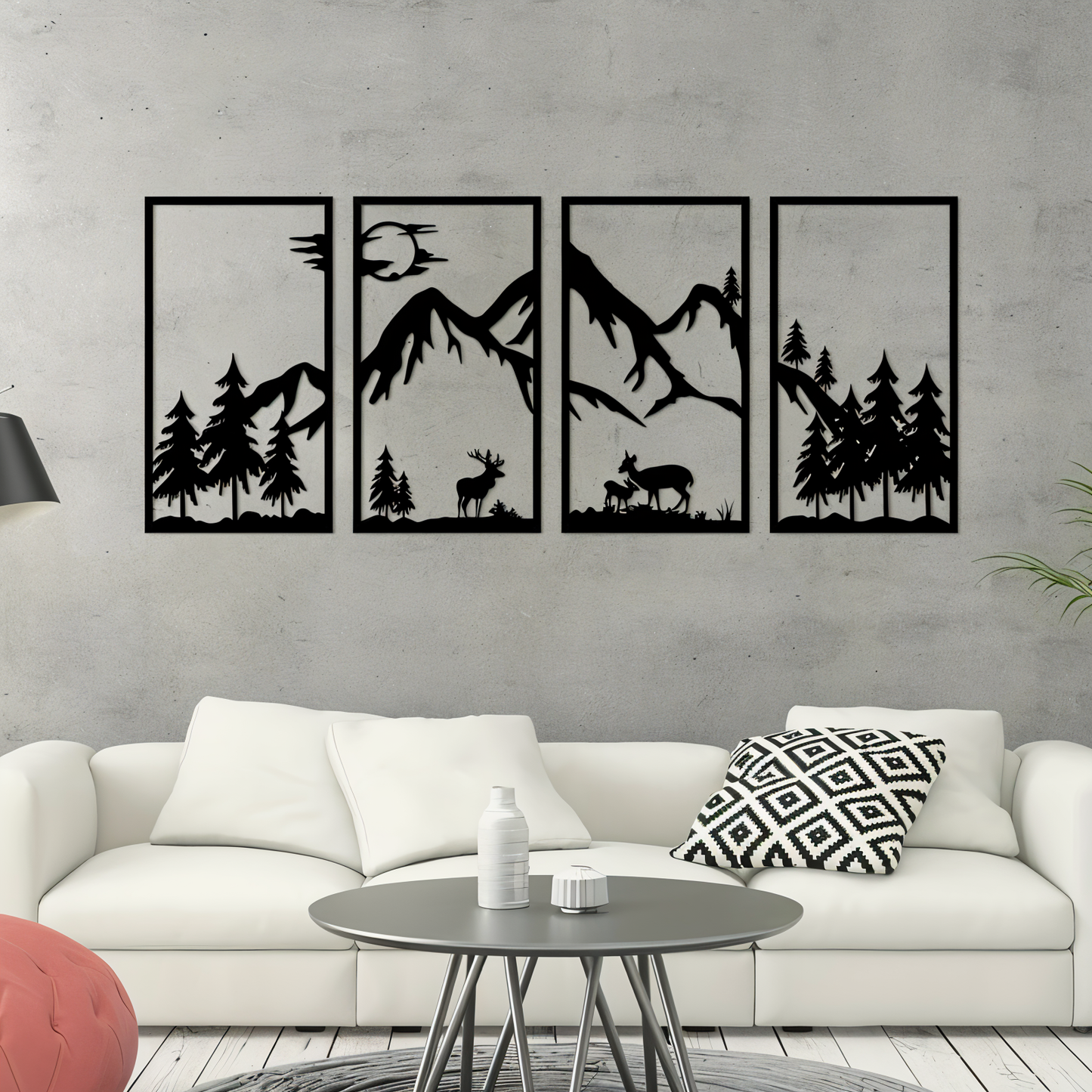 Art mural en métal noir 4 pièces - Paysage de montagne abstrait