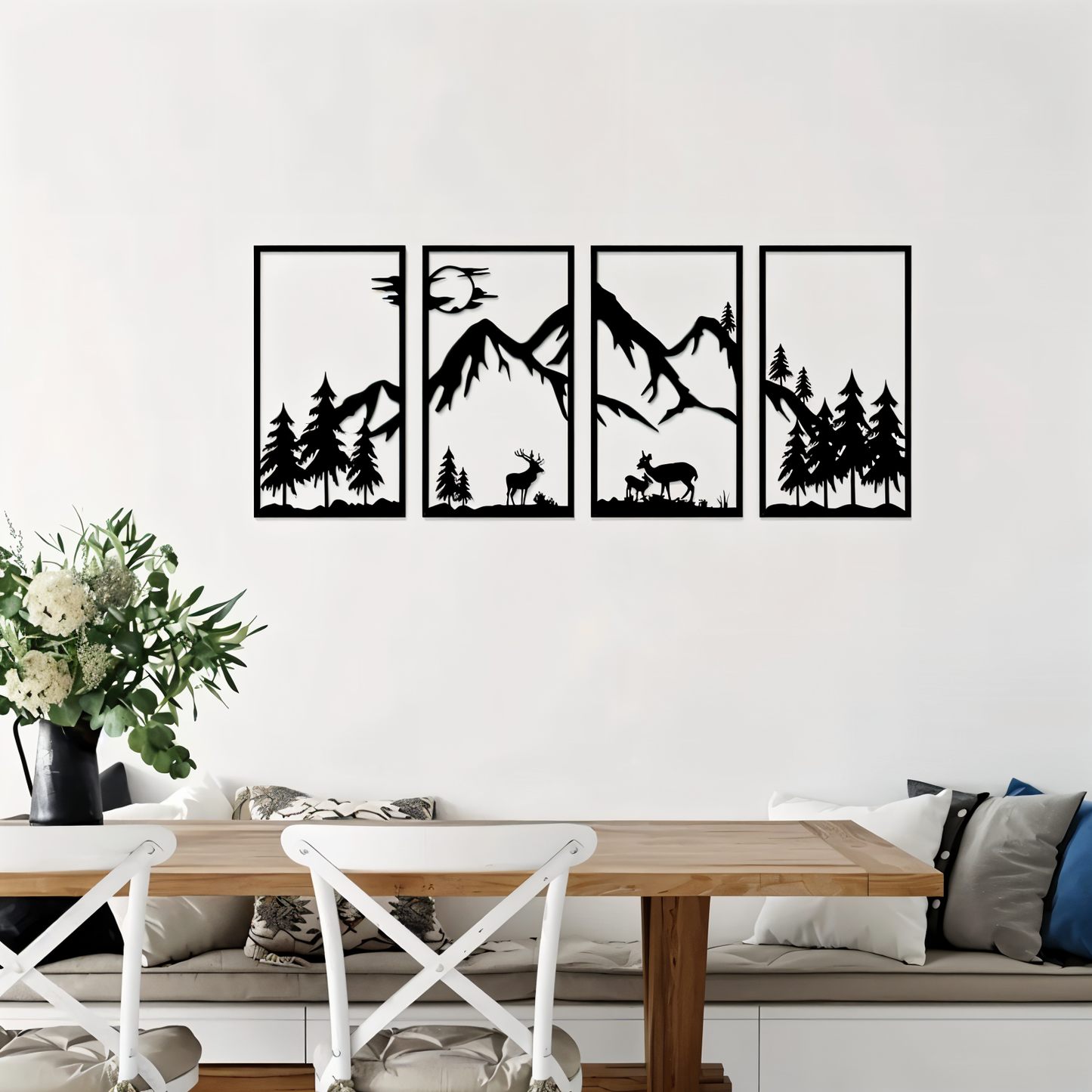 Art mural en métal noir 4 pièces - Paysage de montagne abstrait