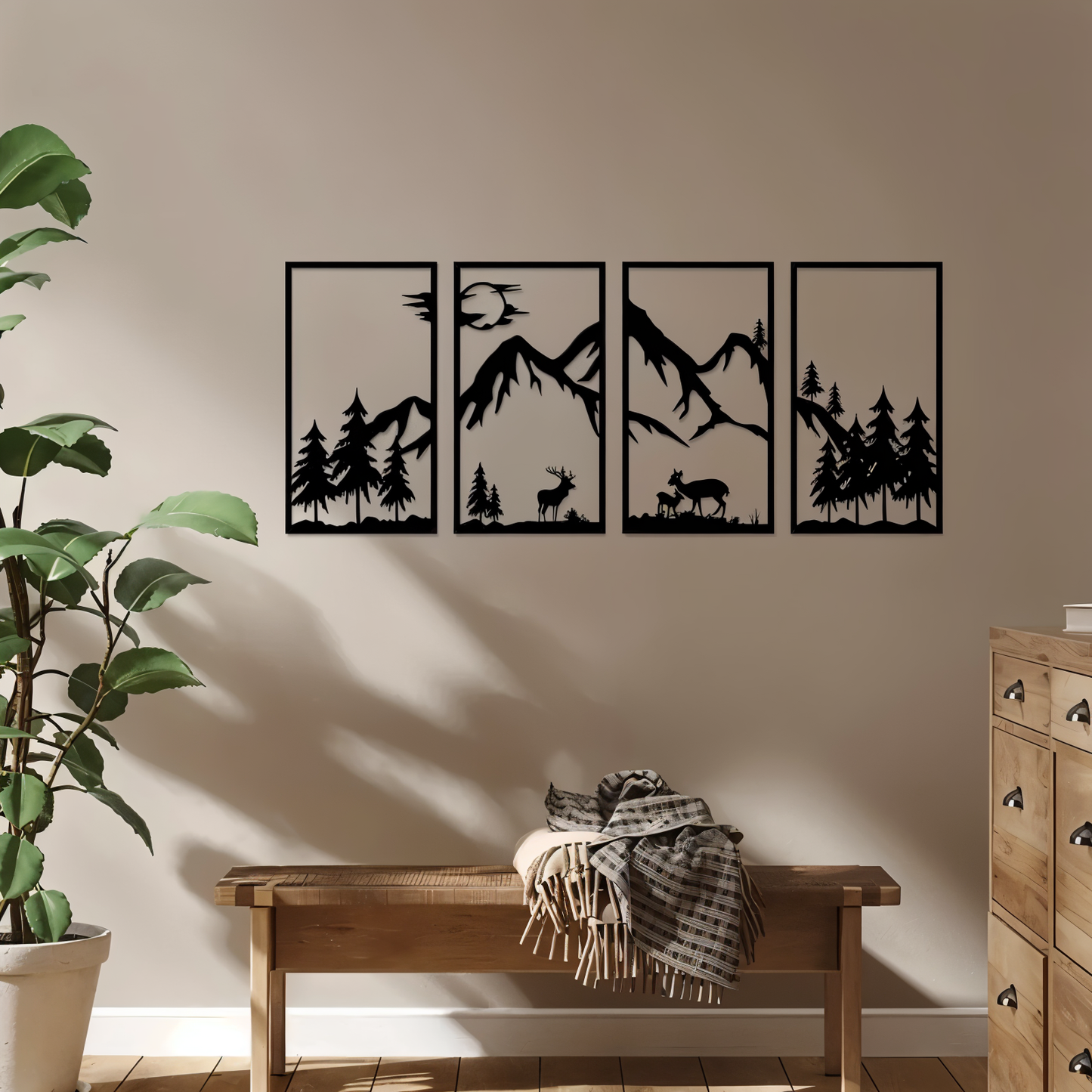 Art mural en métal noir 4 pièces - Paysage de montagne abstrait