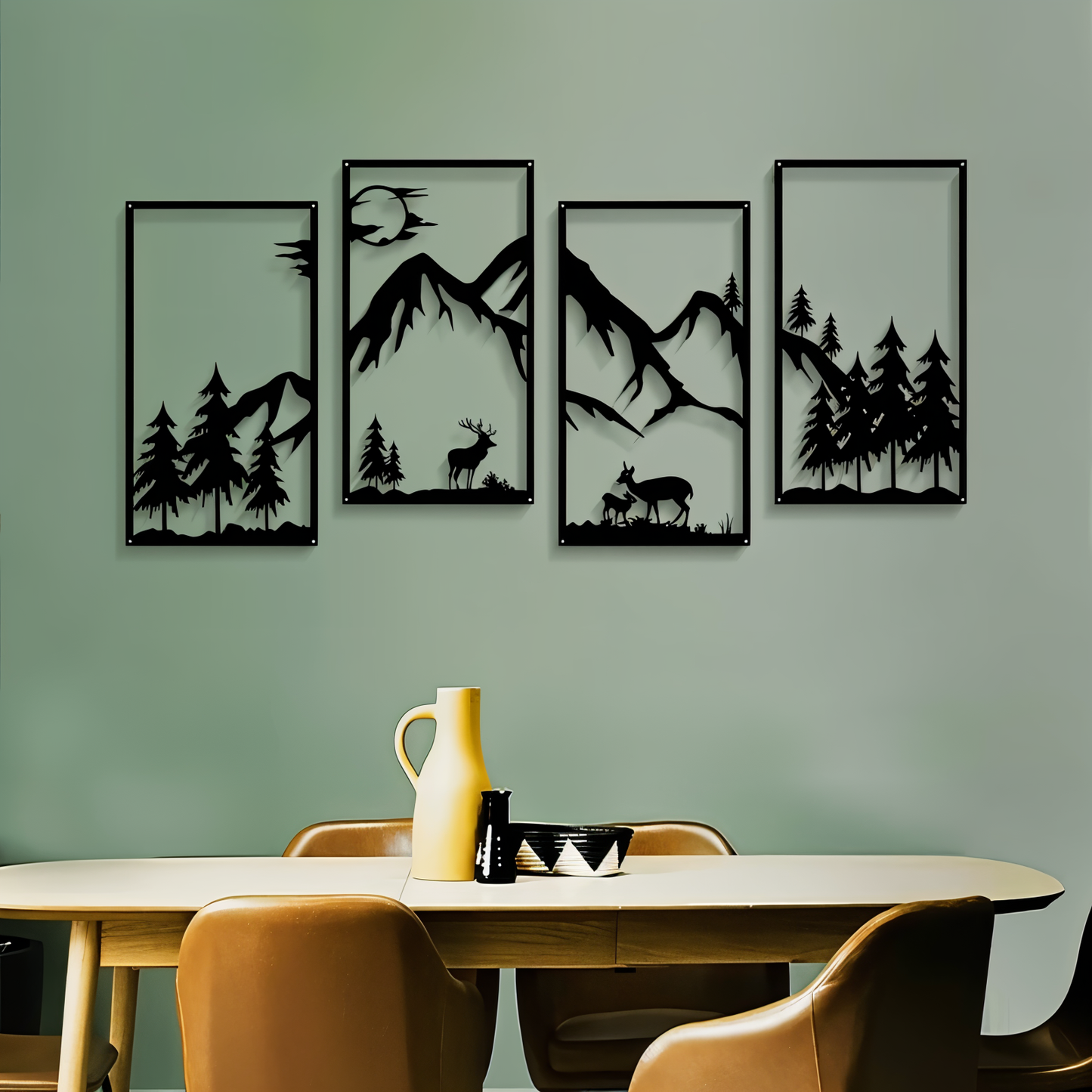 Art mural en métal noir 4 pièces - Paysage de montagne abstrait