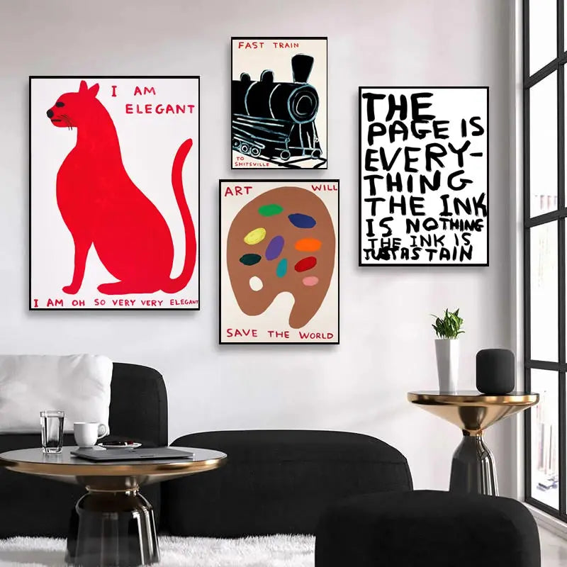 Nevosa | David Shrigley Lapin Chat Vin Biscuit Train Art Mural Impressions Abstraites Toile Peinture Affiche Nordique Images Décor Salon