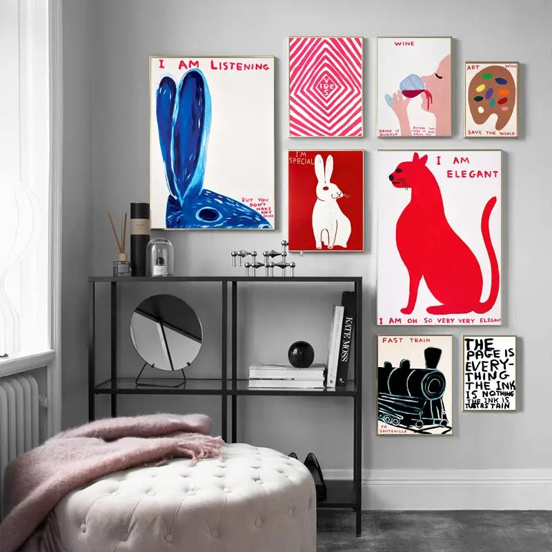 Nevosa | David Shrigley Lapin Chat Vin Biscuit Train Art Mural Impressions Abstraites Toile Peinture Affiche Nordique Images Décor Salon