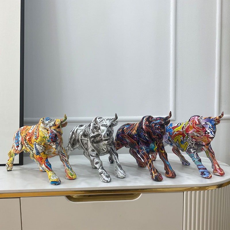 Nevosa | Graffiti-Painting Résine Figurines Taureau Décoration Maison Salon Chambre Bureau Bureau Feng Shui Ornements Collection Statues