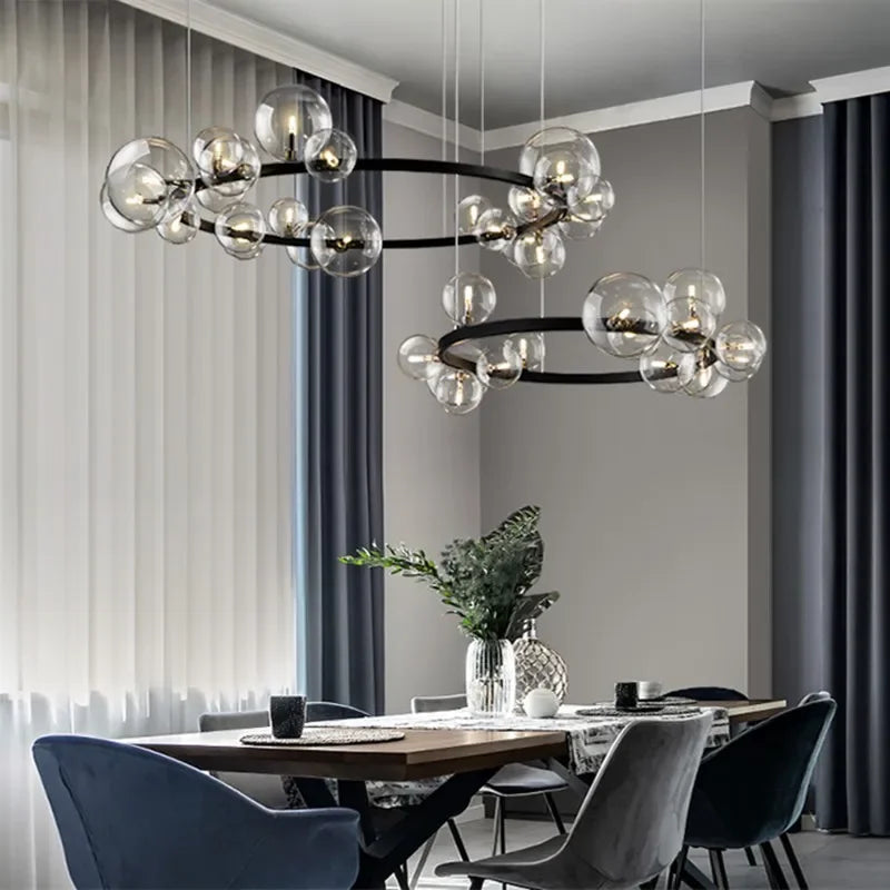 Nevosa | Lustre Métallique Créatif Moderne : 7/10 Bulles de Verre Transparent, Design Long Rond avec Lampe G9
