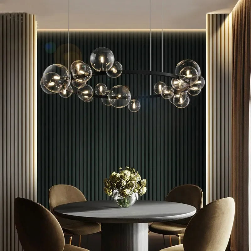Nevosa | Lustre Métallique Créatif Moderne : 7/10 Bulles de Verre Transparent, Design Long Rond avec Lampe G9