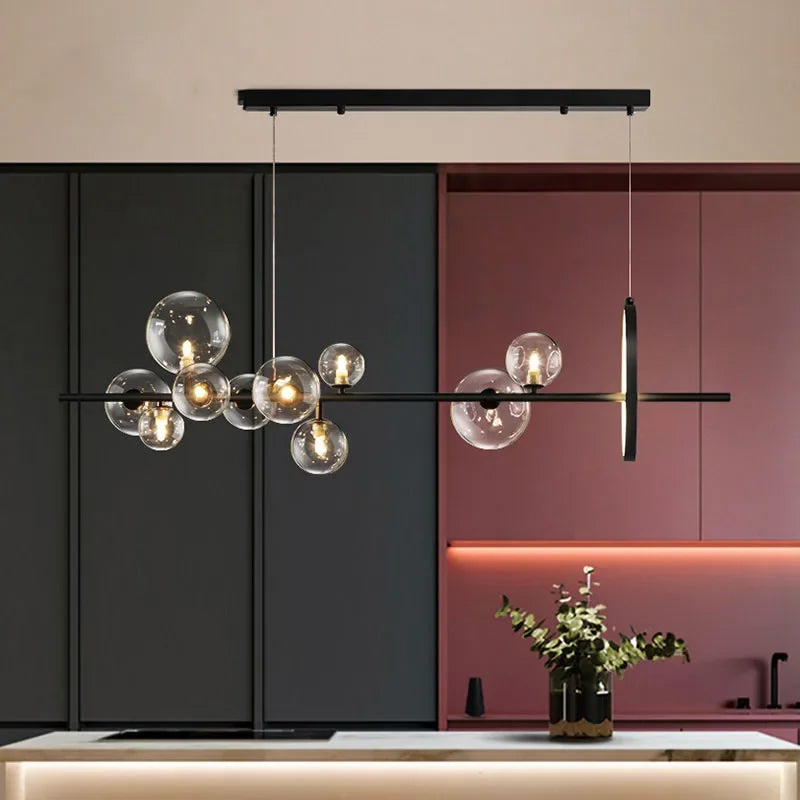 Nevosa | Lustre Métallique Créatif Moderne : 7/10 Bulles de Verre Transparent, Design Long Rond avec Lampe G9