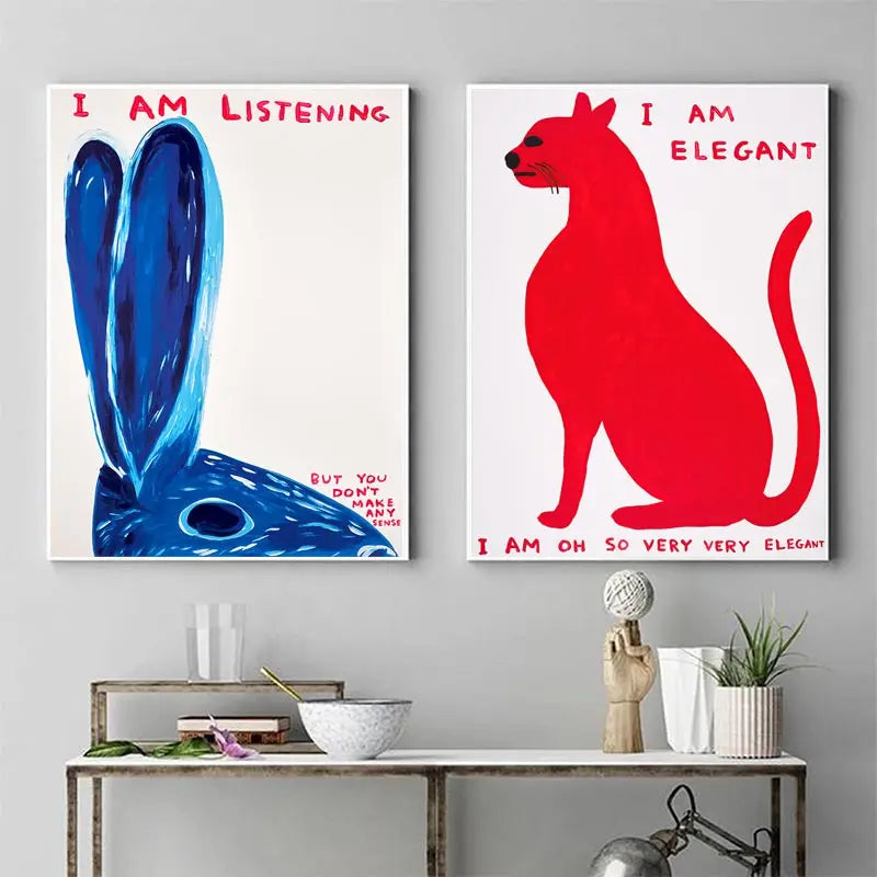 Nevosa | David Shrigley Lapin Chat Vin Biscuit Train Art Mural Impressions Abstraites Toile Peinture Affiche Nordique Images Décor Salon