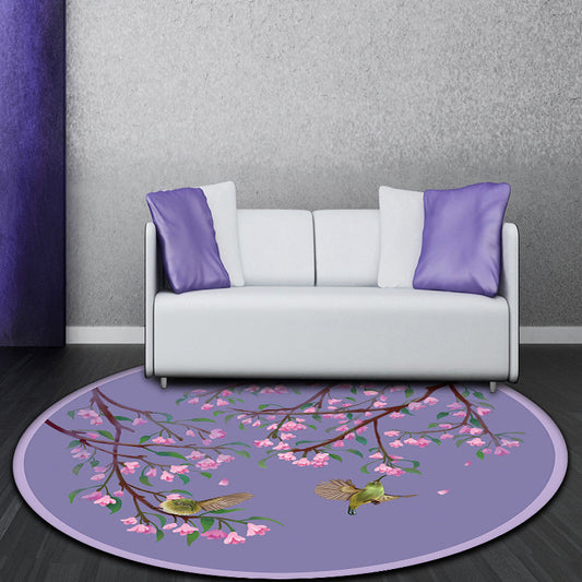 Nevosa | Tapis oriental violet en polyester avec motif floral et oiseau, lavage possible avec dos antidérapant, tapis pour chambre à coucher