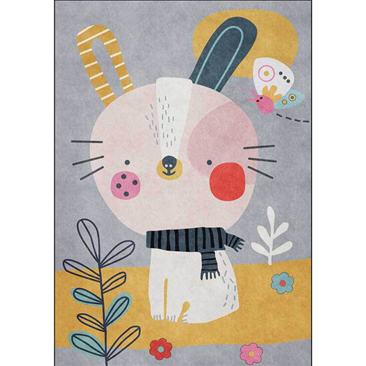 Nevosa | Tapis décontracté pour enfants en gris avec motif animal lapin floral et feuilles en polyester, tapis lavable et adapté aux animaux de compagnie pour la chambre des enfants