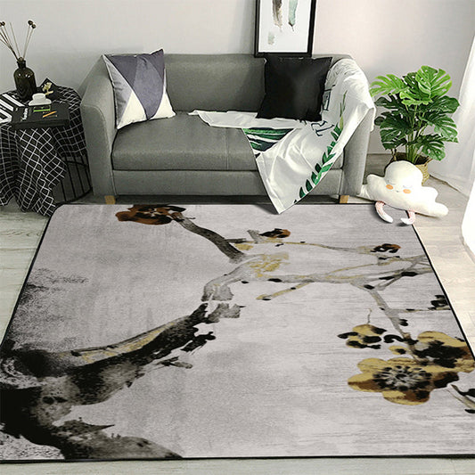 Nevosa | Tapis de peinture rétro encre lavé avec tapis oriental floral khaki en polyester lavable et dos antidérapant tapis de zone pour chambre