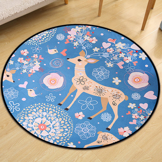 Nevosa | Tapis de chambre d'enfant en bleu avec motif floral d'animal faon en polyester, tapis résistant aux taches