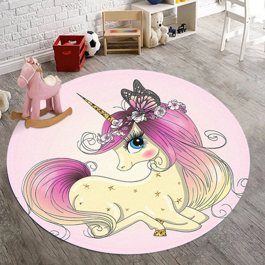 Nevosa | Tapis de chambre d'enfants en polyester rose avec imprimé animal licorne papillon floral, tapis antidérapant