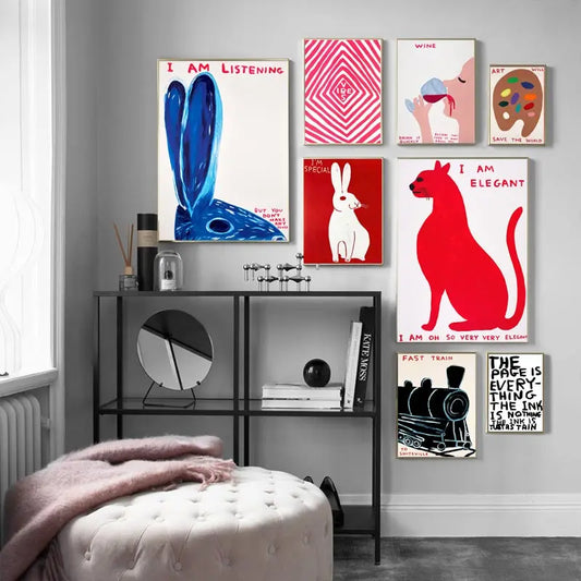 Nevosa | David Shrigley Lapin Chat Vin Biscuit Train Art Mural Impressions Abstraites Toile Peinture Affiche Nordique Images Décor Salon